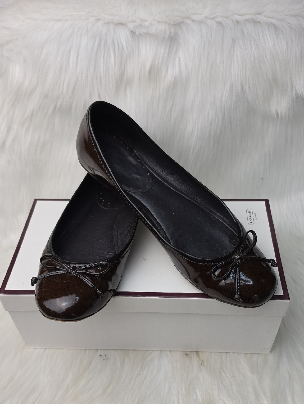 COACH Ladie Brown Monogram Signature "C" Bow Rounded Toe Designer Ballet Flats 7